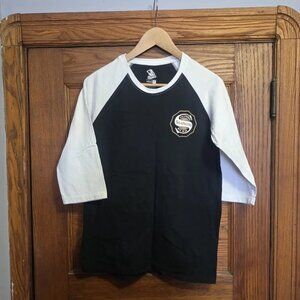 Brand New Suavecito Pomade Mens Size M Graphic Tee Grey Blue Ringer Baseball 3/4